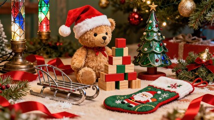 Christmas Decorative Scene with Teddy Bear and Gifts