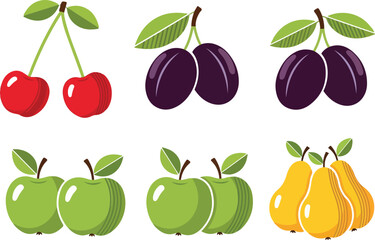 Colorful Cartoon Fruits Illustration with Cherries Plums Apples and Pears

