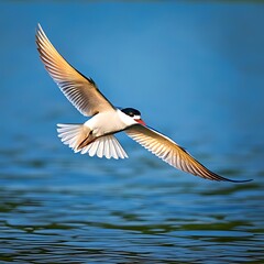 Obraz premium Bird in flight, wings spread wide against a blue water backdrop