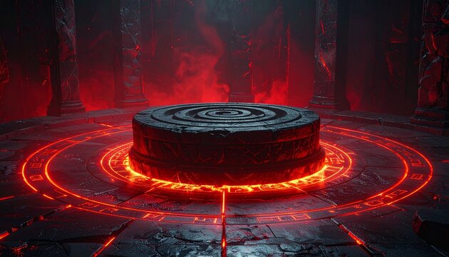 Red glowing altar in an ancient temple