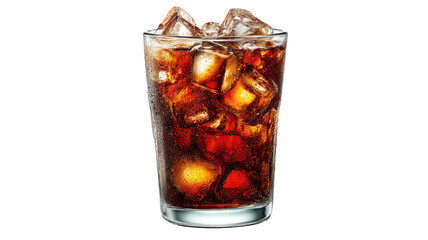 a glass of cola with ice cubes isolated on white background