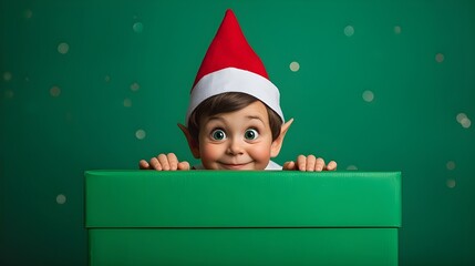 Cute Elf Child Peeking from Green Christmas Gift Box