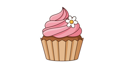 A delicious pink frosted cupcake with a white flower decoration.