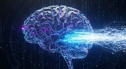Digital Brain with Glowing Data Stream Representing AI and Neural Networks.