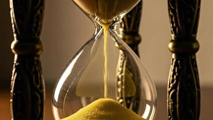 An ornate hourglass showing the passage of time with golden sand flowing from top to bottom - Powered by Adobe