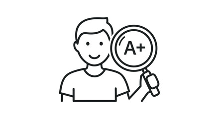 Line Art Illustration of a Smiling Person Holding a Magnifying Glass with A Inside.