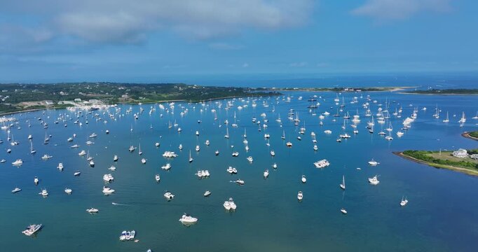 New Shoreham, RI, USA 08-16-2025: Summer aerial video of the Great Salt Pond on Block Island Rhode Island.