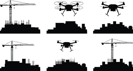  Construction crane, drone technology, urban development, city skyline, infrastructure progress, modern building site, silhouette illustration, smart construction, aerial survey, industrial growth