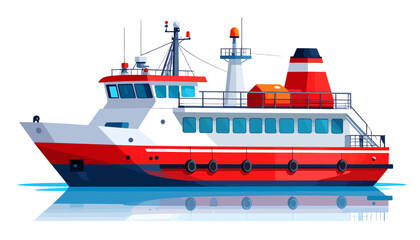 Obraz premium Cartoon illustration of a red and white passenger ferry boat on water with a reflection, isolated on a white background.