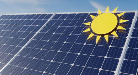 Solar panels with a sun illustration against a clear blue sky background