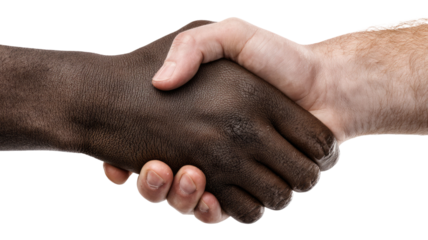a hand shake a person with dark skin and person with white skin on white background