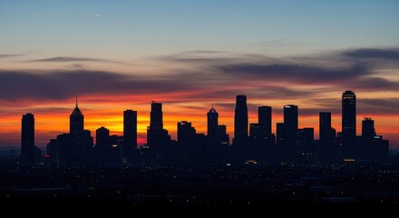 Naklejka premium A city skyline at sunset with a vibrant orange and pink sky, featuring silhouettes of tall buildings and a few clouds.