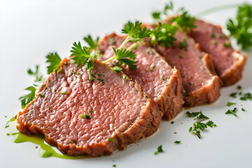 Close-up of tender, medium-rare roasted meat slices (roast beef or venison) elegantly plated, garnished with fresh parsley and drizzled with a light sauce.