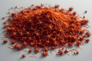 High-angle, close-up of a large pile of vibrant, star-shaped dried spices or botanicals, possibly star anise shreds or saffron threads.