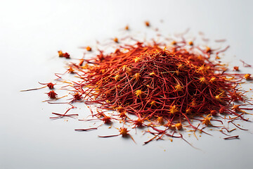 Macro, high-angle view of a luxurious pile of saffron threads, the world's most expensive spice, on a simple white background.