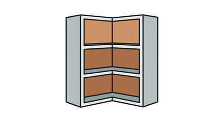 Simple cartoon illustration of a gray L-shaped corner shelving unit with three shelves.