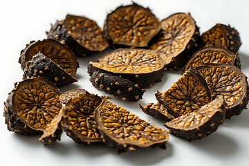 High-angle, close-up of dried, sliced, and textured exotic fruit or botanical pods with visible seeds, arranged in a circular pattern.