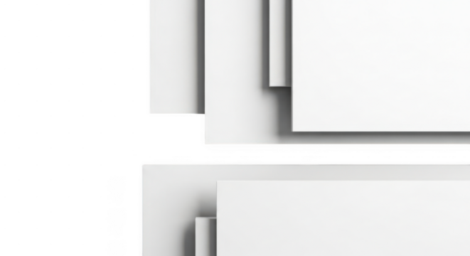 Abstract white geometric shapes with layered design and shadows isolated on transparent background