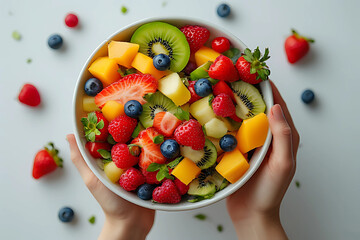 High-angle view of hands holding a white bowl overflowing with a colorful, freshly chopped fruit salad, including kiwi, mango, strawberries, and blueberries.