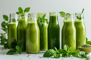 Collection of glass bottles filled with vibrant, various shades of green smoothies or vegetable juice, garnished with fresh mint leaves.