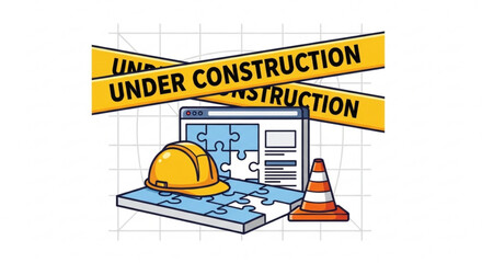 Illustration of under construction concept with helmet and traffic cone