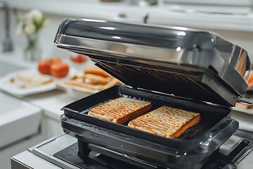Close-up of a modern panini press or sandwich maker grilling two perfect, golden brown sandwiches in a clean, bright kitchen.