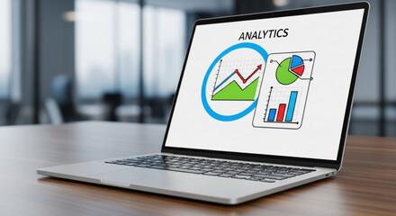 Laptop displaying analytics data on screen in a modern office setting