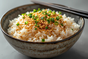 Close-up of a rustic ceramic bowl filled with fluffy white rice, generously garnished with toasted garlic or nuts and chopped green onions.