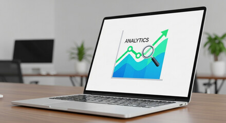 Laptop displaying analytics data on a wooden desk in a modern office
