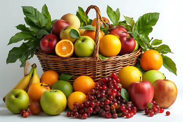 A large, overflowing wicker basket filled with a generous assortment of colorful fresh fruits, including apples, oranges, grapes, and bananas, framed by green leaves.