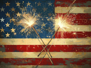 Crossed Sparklers with a Patriotic Flag-Inspired Background