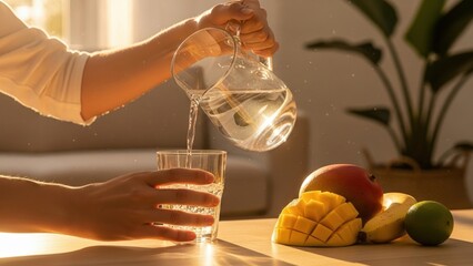 Golden Hour Ritual Sunlit Hands Pouring a Refreshing Glass of Water in a Cozy Serene Home.