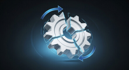 Broken gear with arrows, representing disruption and the need for repair