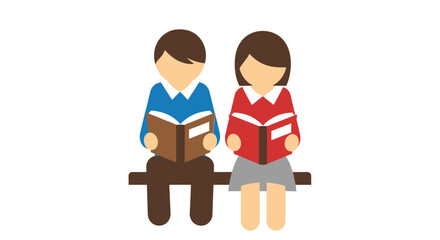 Cartoon boy and girl sitting on a bench reading books together.