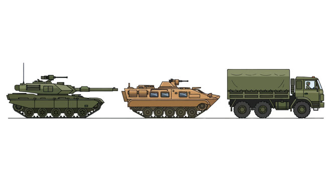 Military Vehicles: Tank Armored Personnel Carrier and Truck in Olive Green.