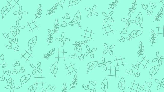 Light blue pattern with leaves, hearts, flowers, and grids. Ideal for spring designs, stationery, greeting cards, and feminine branding projects.