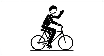 Stick Figure Riding Bicycle and Waving Hand Black and White Illustration.