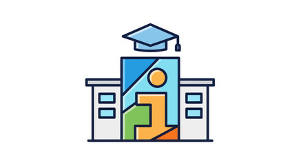 Colorful University Building with Graduation Cap Icon.