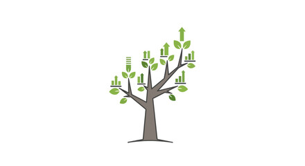Stylized Tree with Growing Green Leaves and Financial Charts.