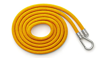 Yellow braided rope with metal hook isolated on white background
