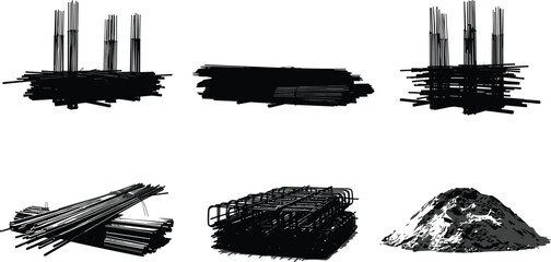 Construction materials vector illustration, steel rebar piles, sand mound, building site supplies, black and white style, industrial elements, engineering tools, infrastructure © Creatives Mind