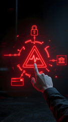 A cybersecurity warning alert biometric finger touch interface hologram red neon digital risk fraud banking payment credit lock shield network system access authentication protection firewall data