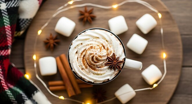 Cozy cup of hot chocolate topped with whipped cream and cinnamon, surrounded by marshmallows and star anise.