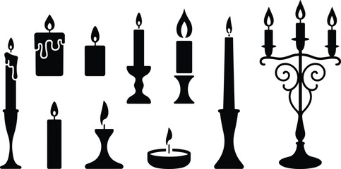 Candle silhouette set, ornate holders, tea light, candelabrum, dripping wax, black vector illustration, festive decor, holiday theme, spiritual design