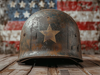 A Rustic Army Helmet with a Symbolic Flag Behind It