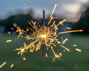 A Bright Sparkler Ignites and Emits Brilliant Golden Sparks Creating a Fiery Display Against a Softly Blurred Green Background during Dusk