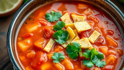 A simmering pot of taco soup, garnished with cilantro and tortilla strips,  oregano,  tortilla