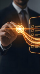 A businessman target checklist digital hologram glowing orange hand suit tie goal strategy planning focus aim success management workflow interface technology innovation concept corporate office