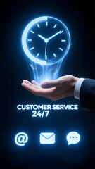 A customer service 24/7 support hotline communication contact icon clock glow hand technology assistance helpline message email chat phone service client help response schedule time business