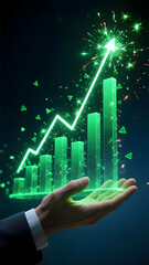A growth chart green arrow bar graph data analytics financial success business growth neon glow upward trend spark effect hand support dynamic green bar graph with glowing arrow rises upward